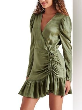 Steve Madden Olive Green Ruched V-Neck Dress NWT
